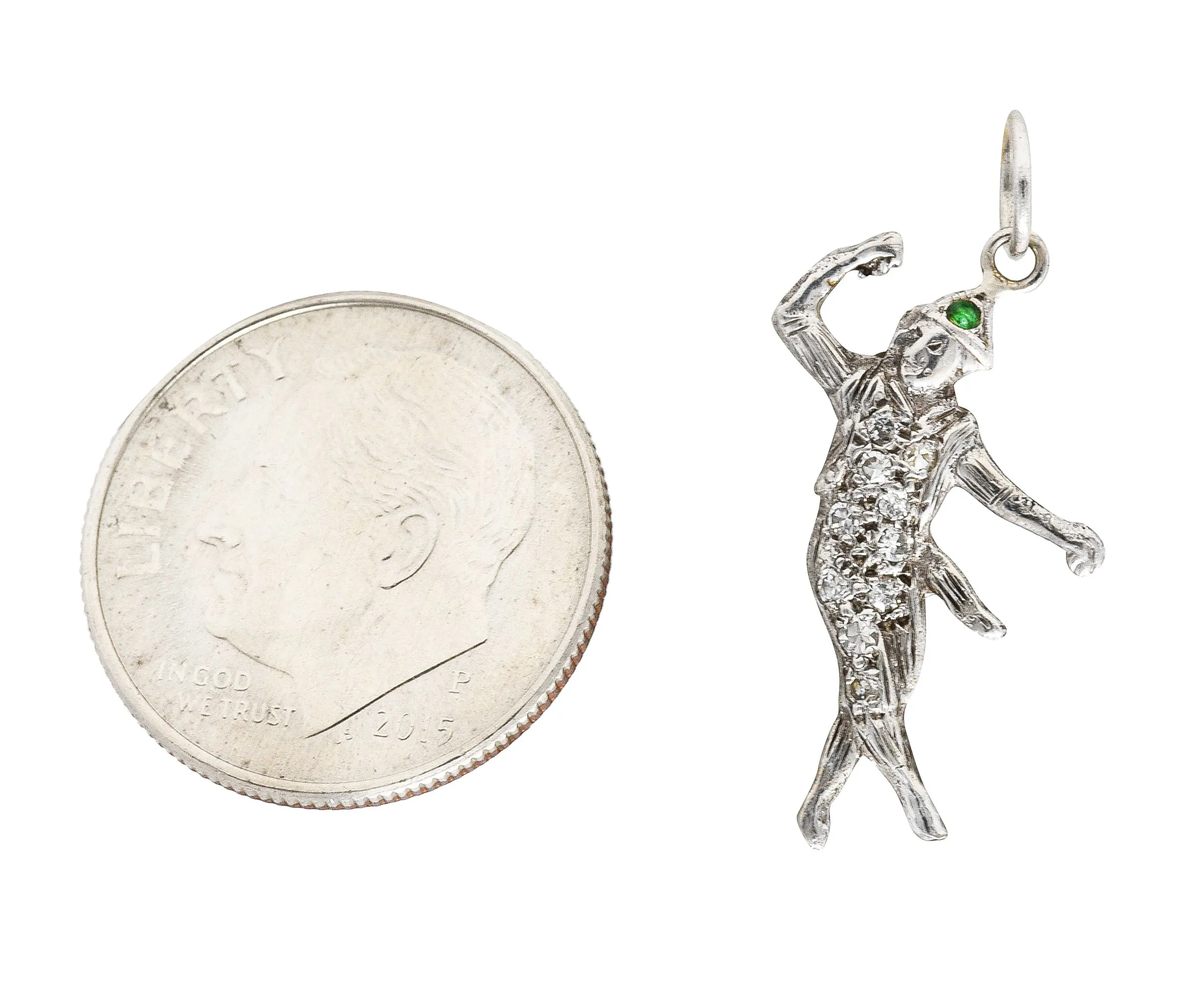 Art Deco Diamond Emerald 14 Karat White Gold Dancer Charm