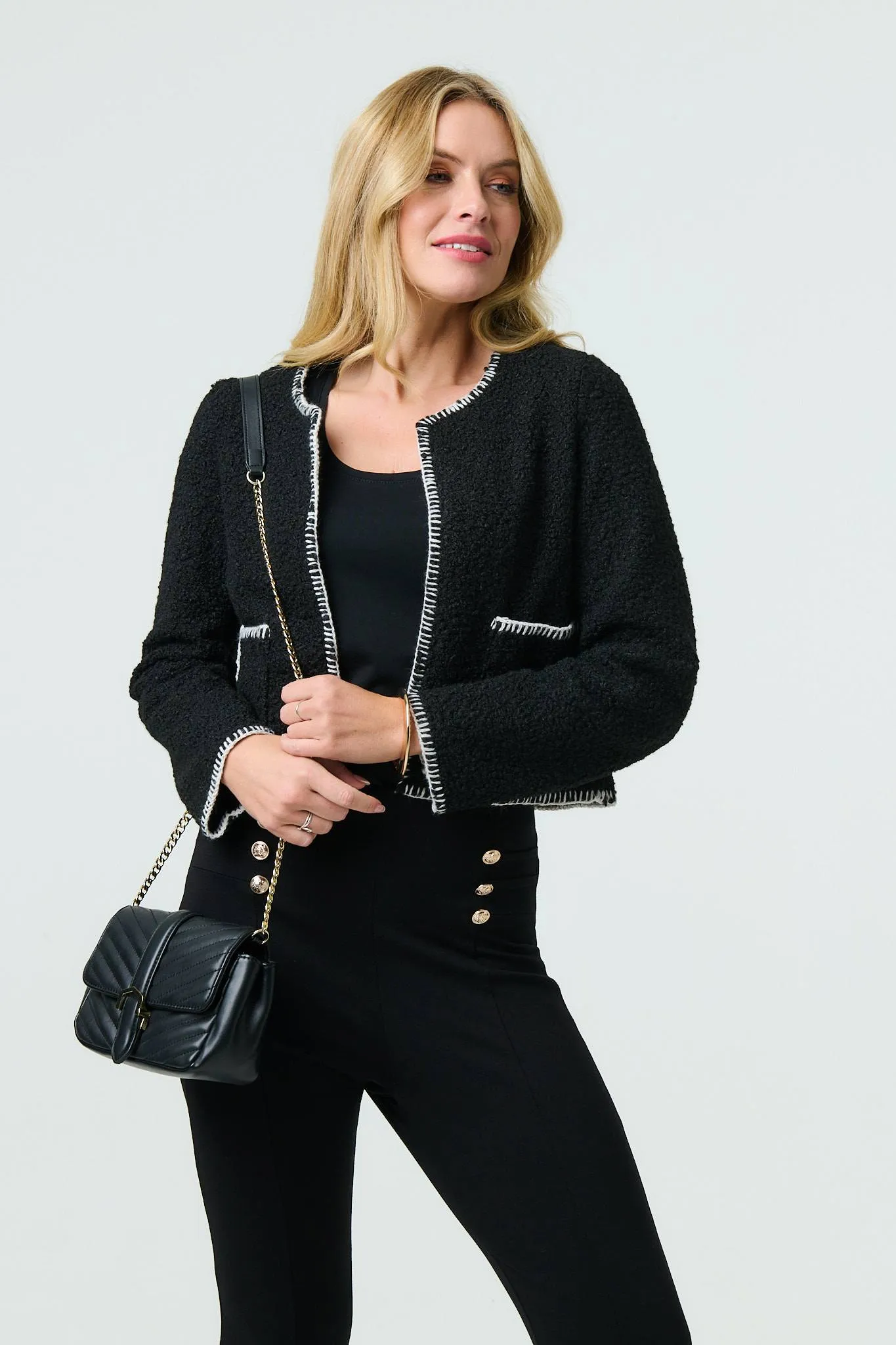 Contrast Stitch Trim Cropped Jacket