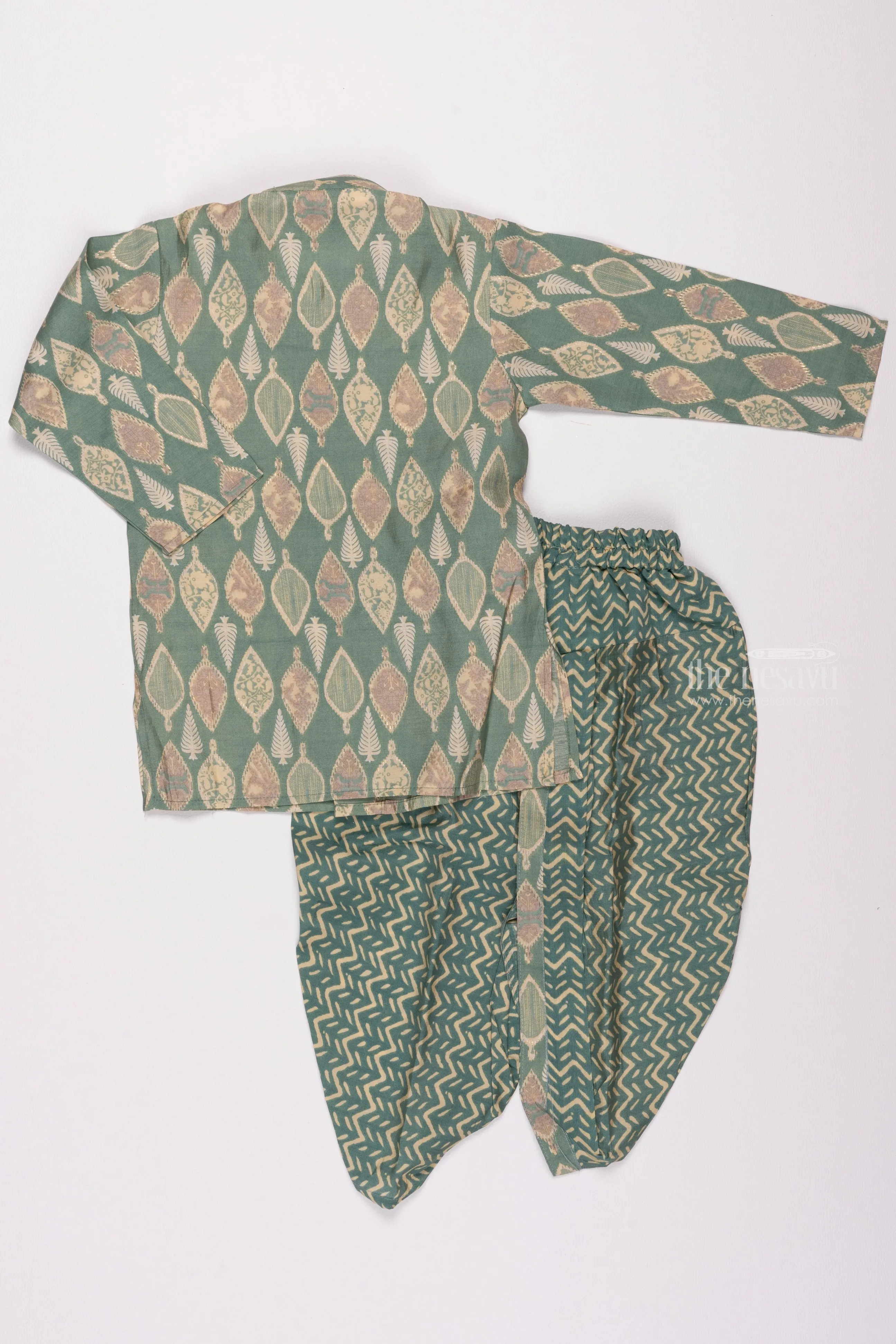 Emerald Ensemble: Green Bagh Print Kurta & Sea Wave Dhoti Panjakajam Fusion Set for Boys