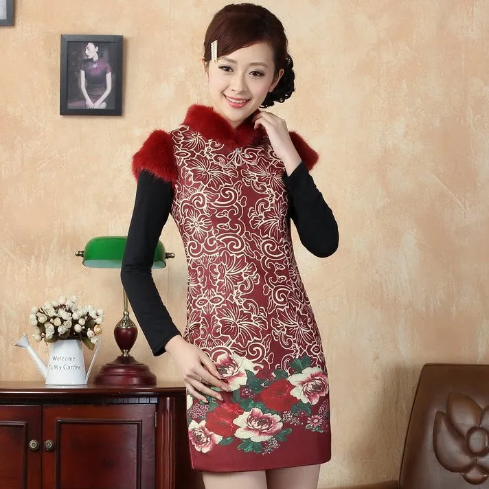 Fur Collar Cap Sleeve Floral Brocade Cheongsam Chinese Dress