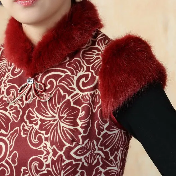 Fur Collar Cap Sleeve Floral Brocade Cheongsam Chinese Dress