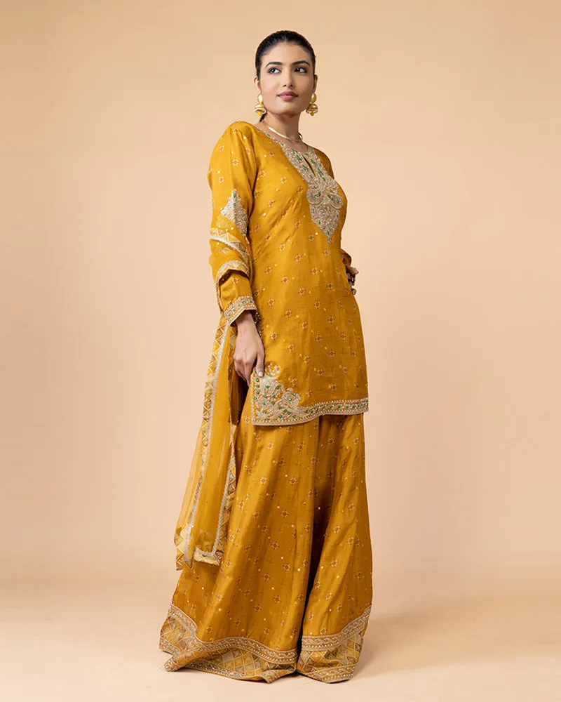 Golden Yellow Palazzo Set Embellished with Mirror Work