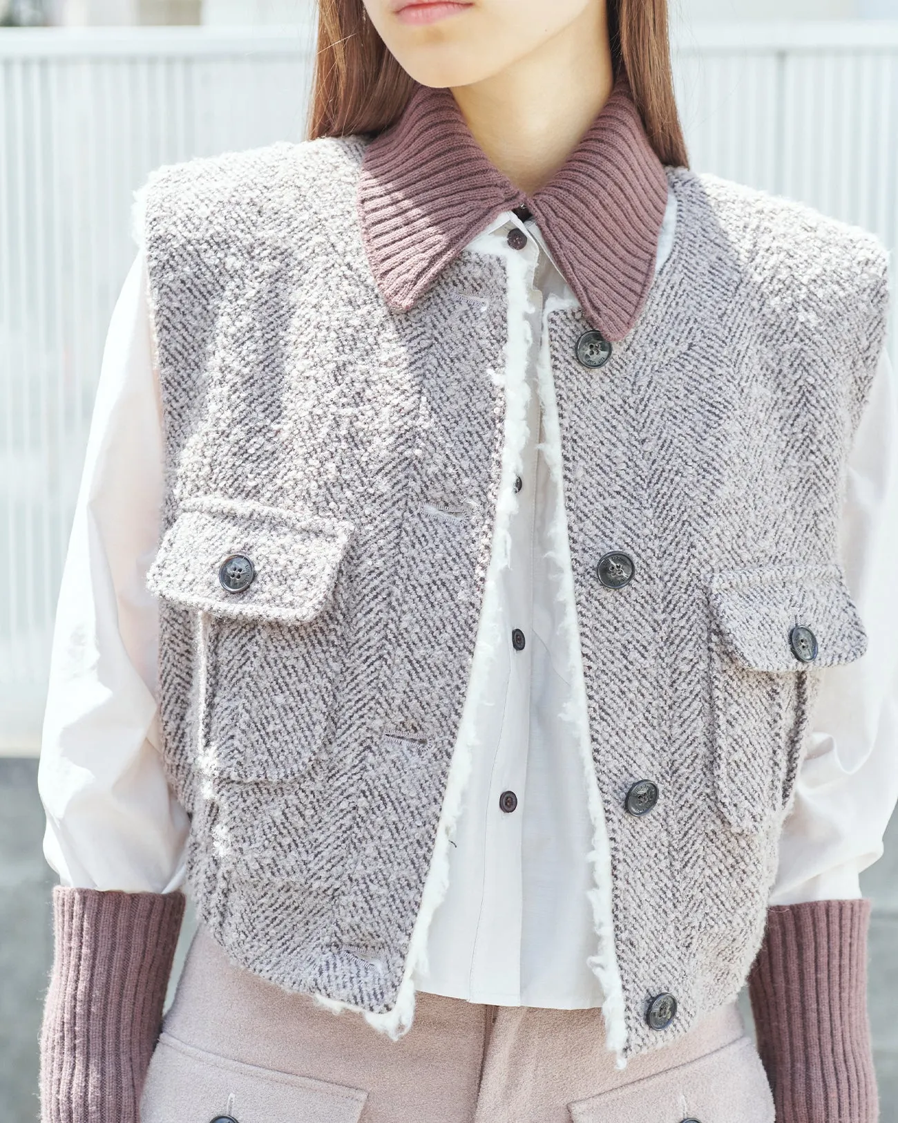 herringbone no collar gilet