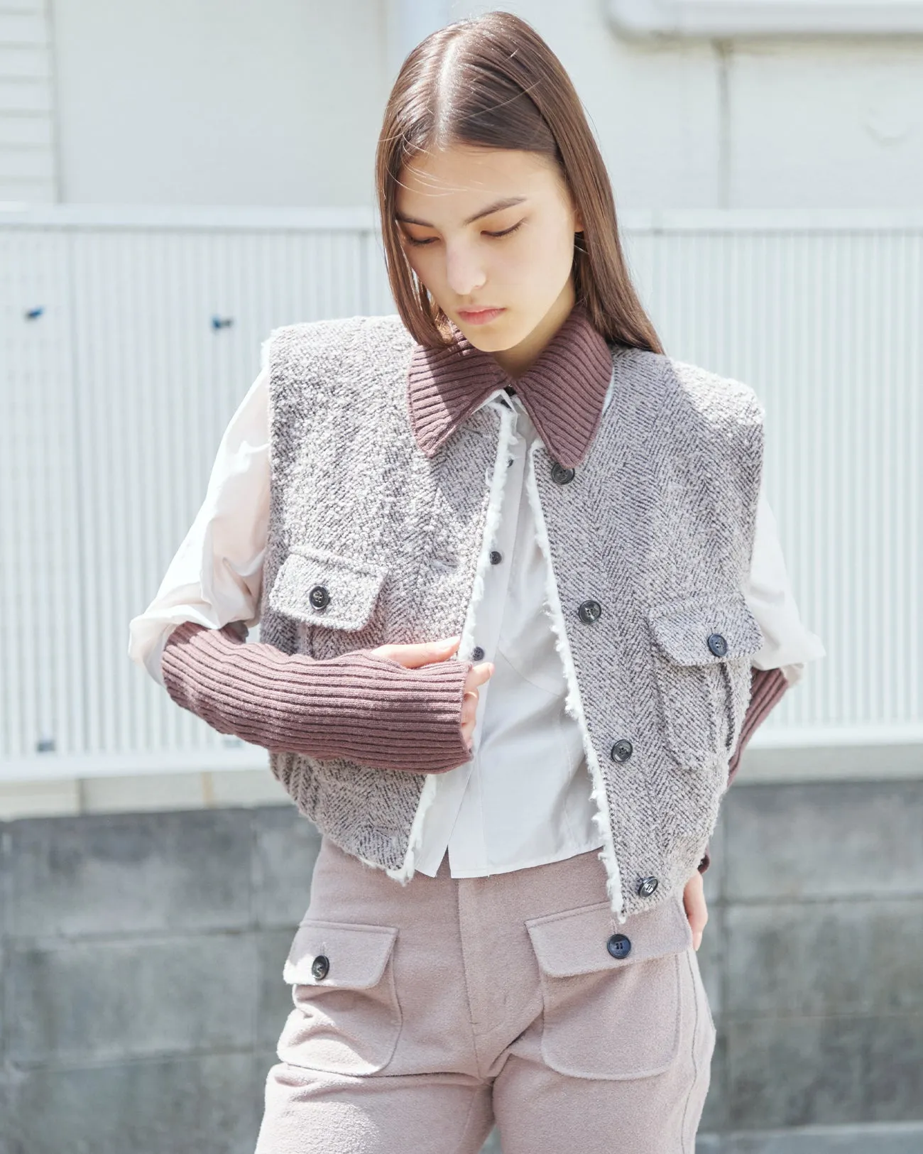 herringbone no collar gilet