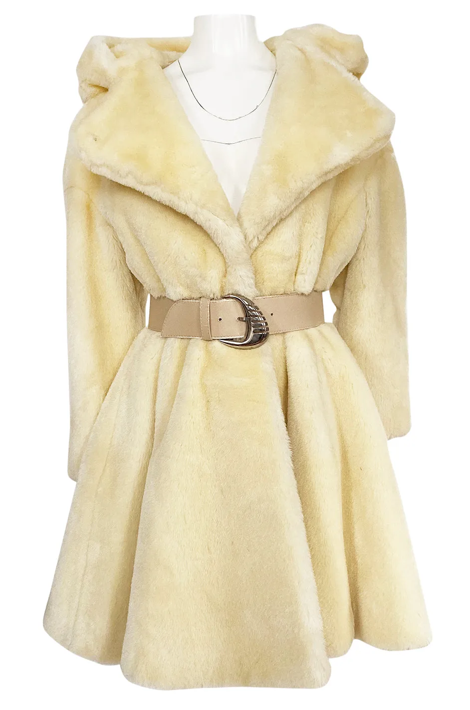 Incredible 1980s Thierry Mugler Cinched Waist Faux Fur Hooded Coat