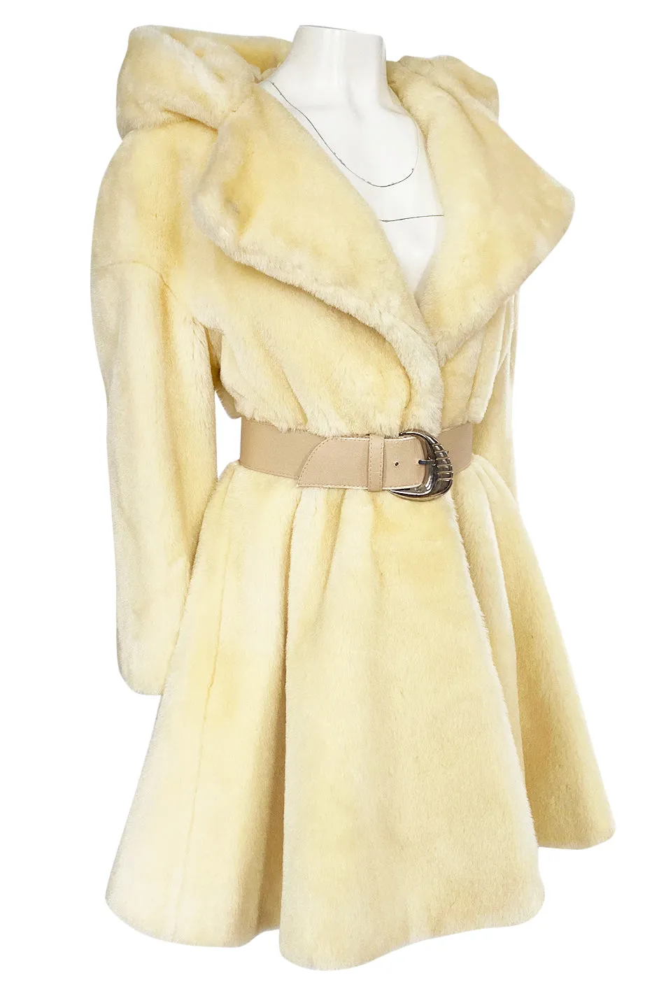 Incredible 1980s Thierry Mugler Cinched Waist Faux Fur Hooded Coat