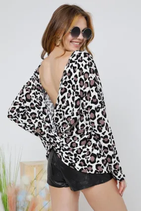 LEOPARD PRINT TWIST BACK SWEATER TOP in S-L