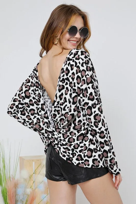 LEOPARD PRINT TWIST BACK SWEATER TOP in S-L