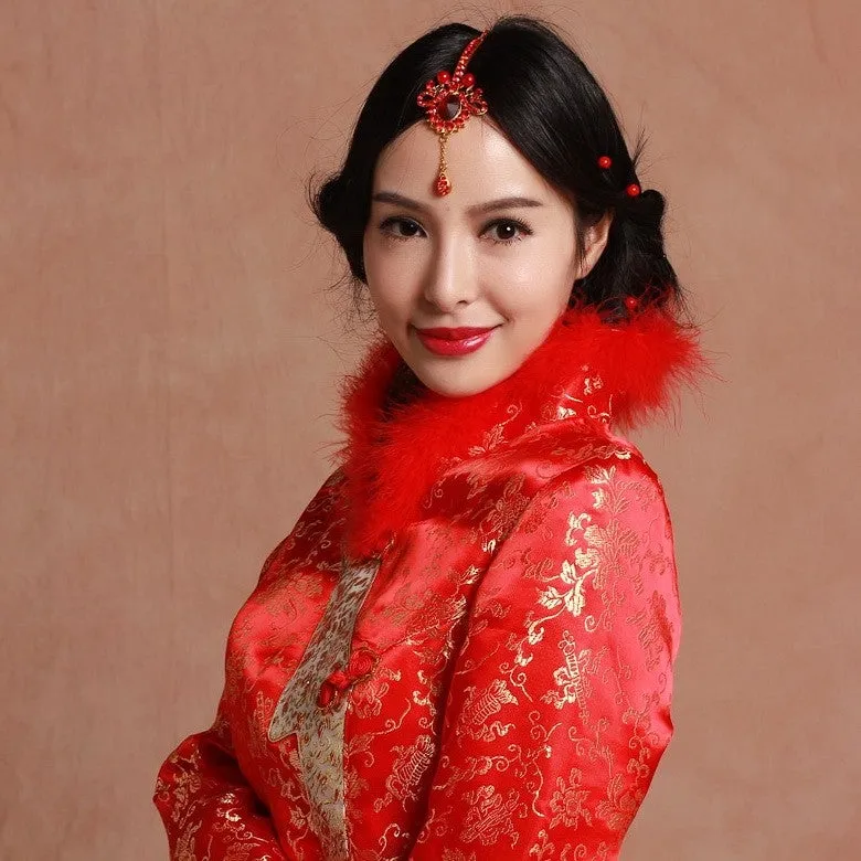 Long Sleeve Fur Collar & Cuff Brocade Chinese Wedding Suit