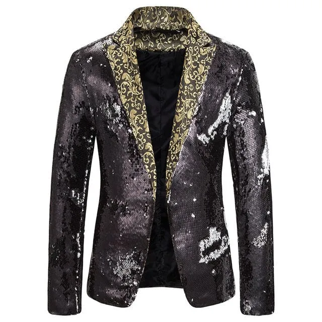 Luxury Sequin Glitter Flower Lapel Men Blazer