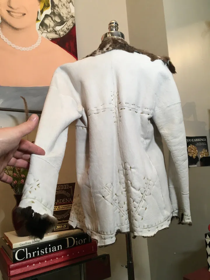 Maxfield Parrish Size XS White Brown Leather Fur Collar Coat 2400-245-21320