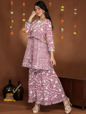 MULMUL WINE BLOSSOMS BLOCK PRINTED KURTA, SHARARA & JACKET SET