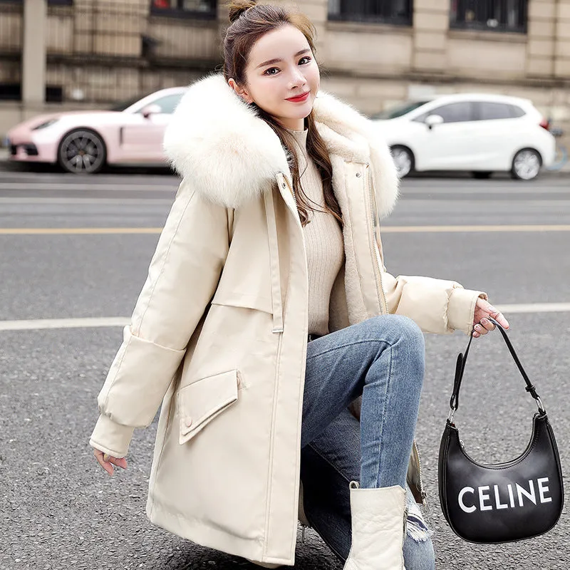 New Fleece-lined Mid-length Big Fur Collar Thicken Cotton Clothes Coat