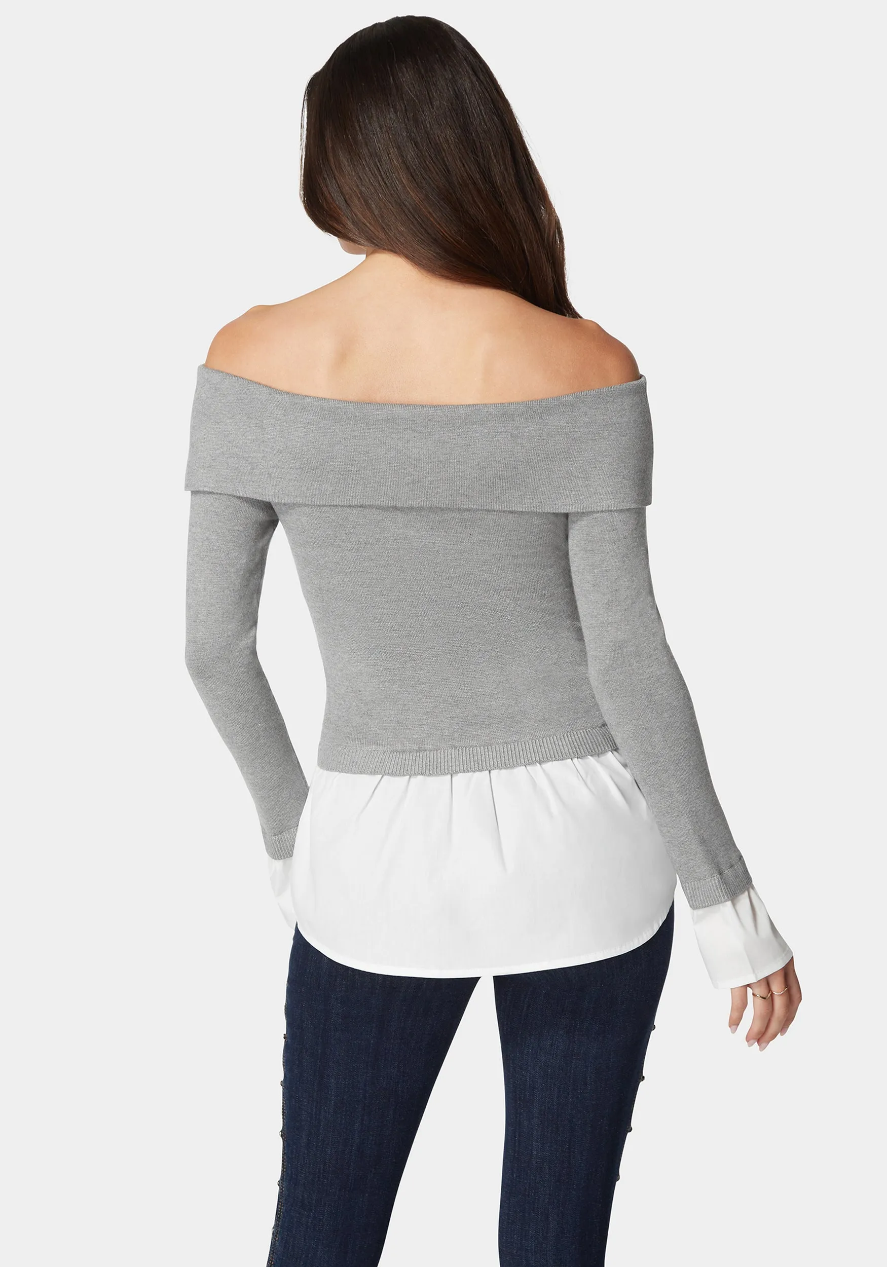 Poplin Combo Fold Over Off Shoulder Sweater Top