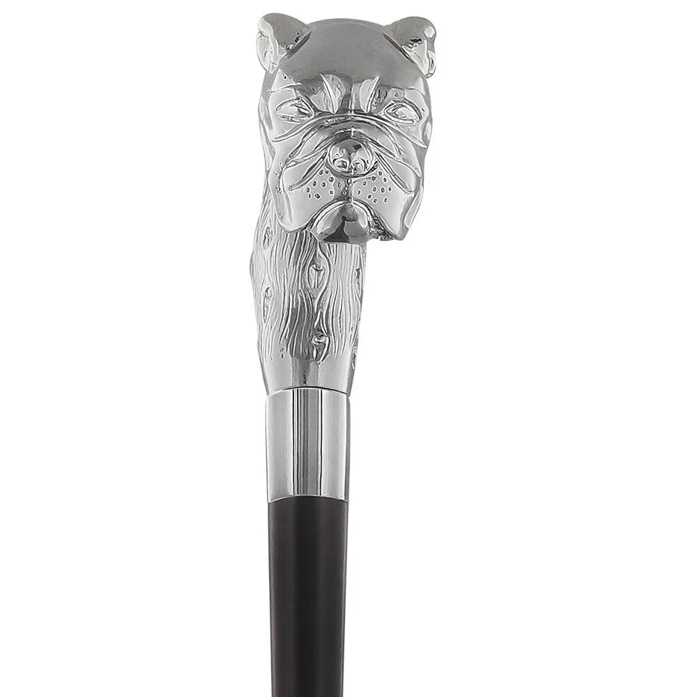 Scratch and Dent Strong & Courageous Bulldog Nickel Plated Fritz Handle Cane w/ Brown Beechwood Shaft & Aluminum Silver Collar V2396