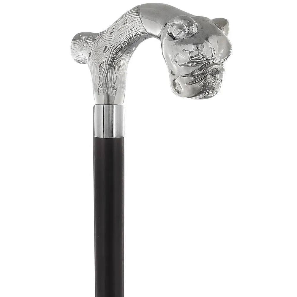 Scratch and Dent Strong & Courageous Bulldog Nickel Plated Fritz Handle Cane w/ Brown Beechwood Shaft & Aluminum Silver Collar V2396