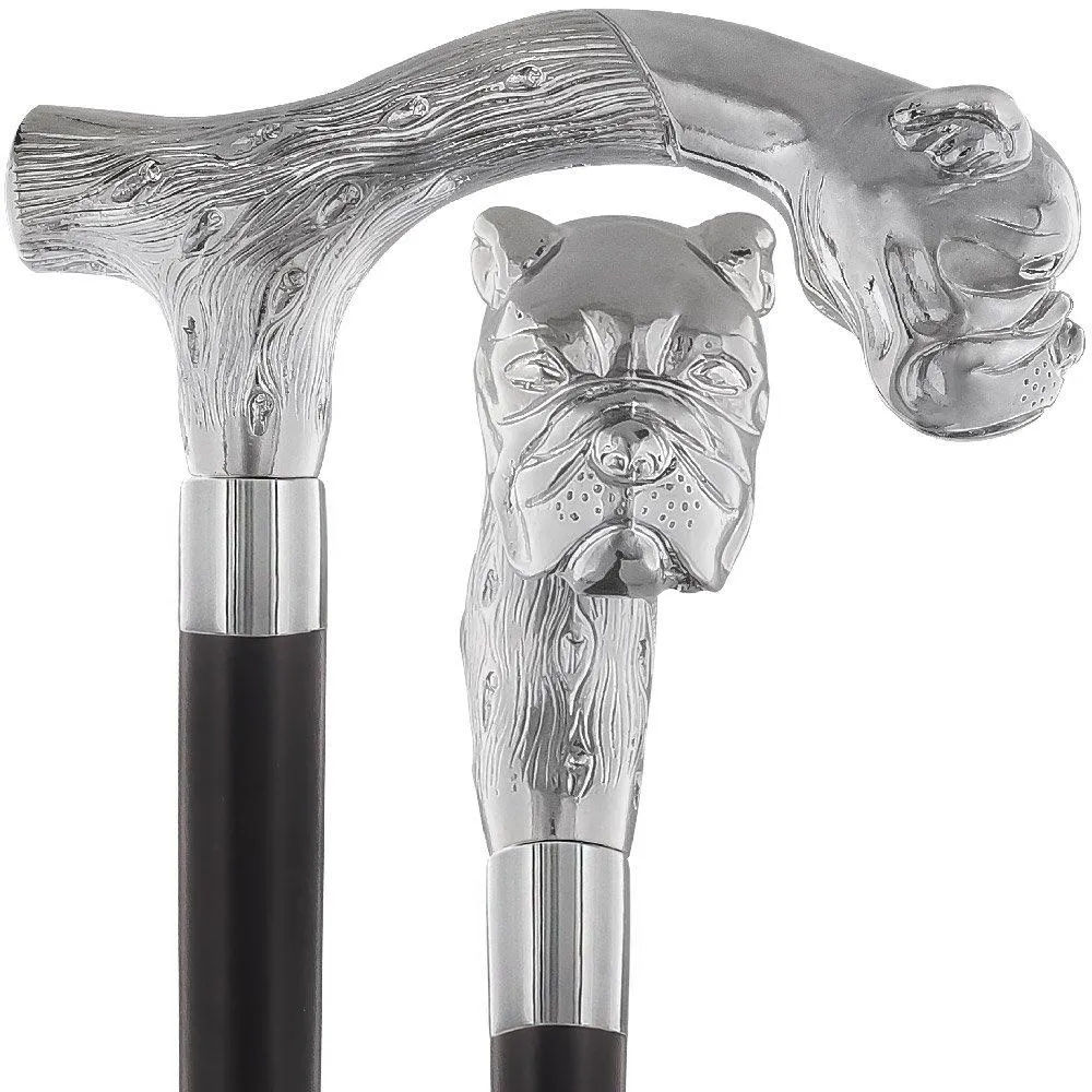 Scratch and Dent Strong & Courageous Bulldog Nickel Plated Fritz Handle Cane w/ Brown Beechwood Shaft & Aluminum Silver Collar V2396