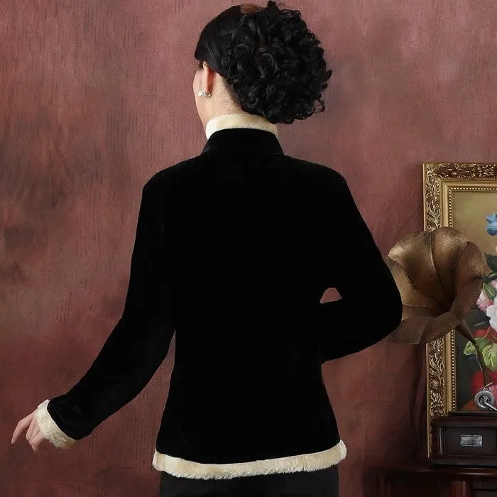 Stand Collar Fur Edge Chinese Style Women's Wadded Jacket