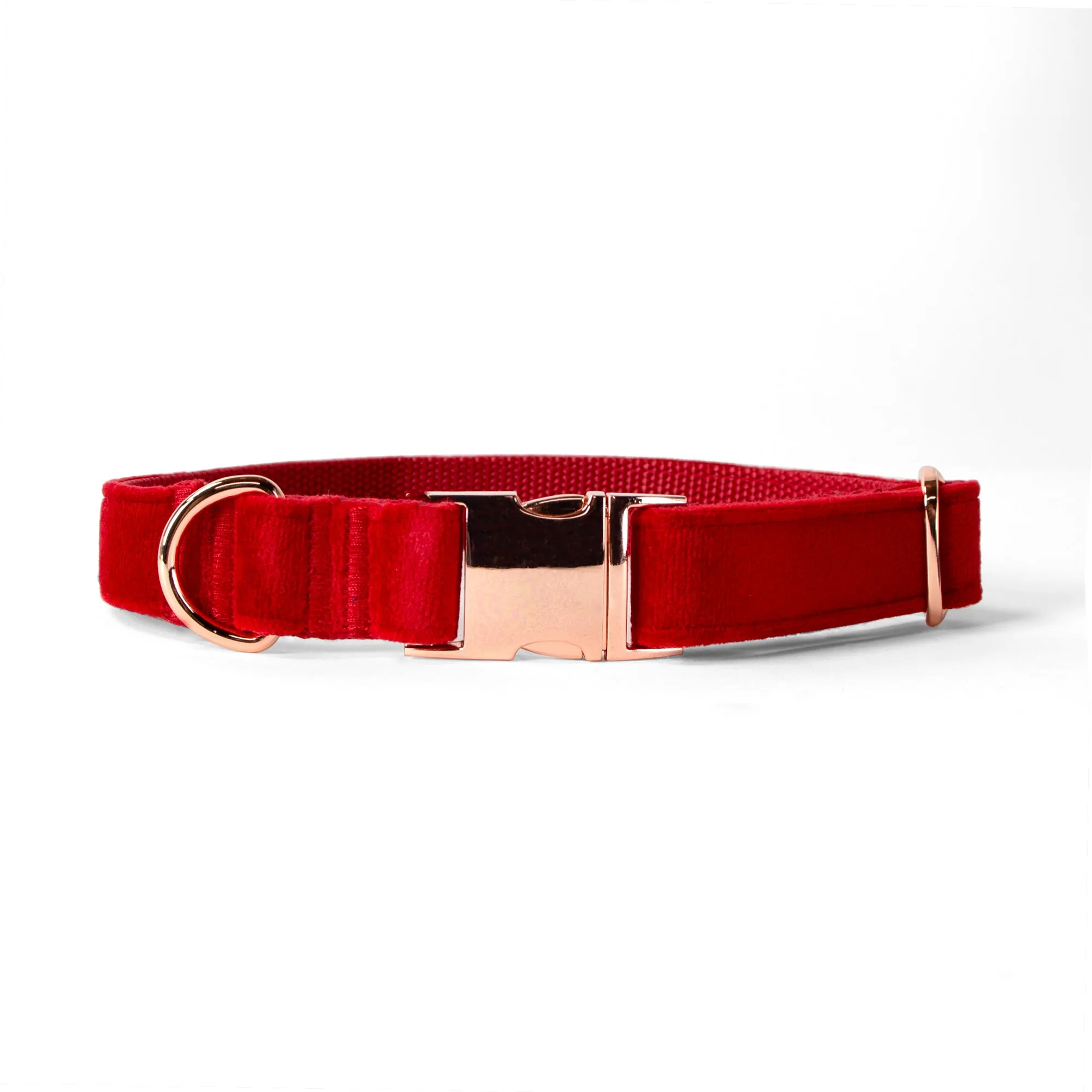 Velvet Dog Collar with Rose Gold Metal Buckle, Red