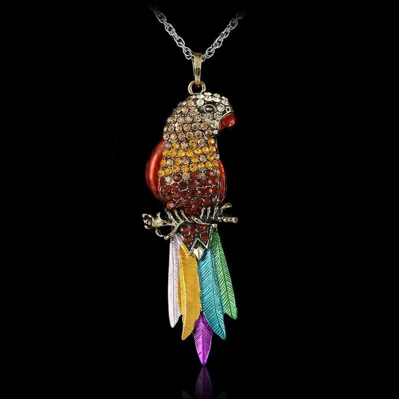 Vintage Long Jewelry Fashion Sweater Necklace Bird Exquisite Colourful Enamel Crystal Animal Parrot Pendant Necklaces Women