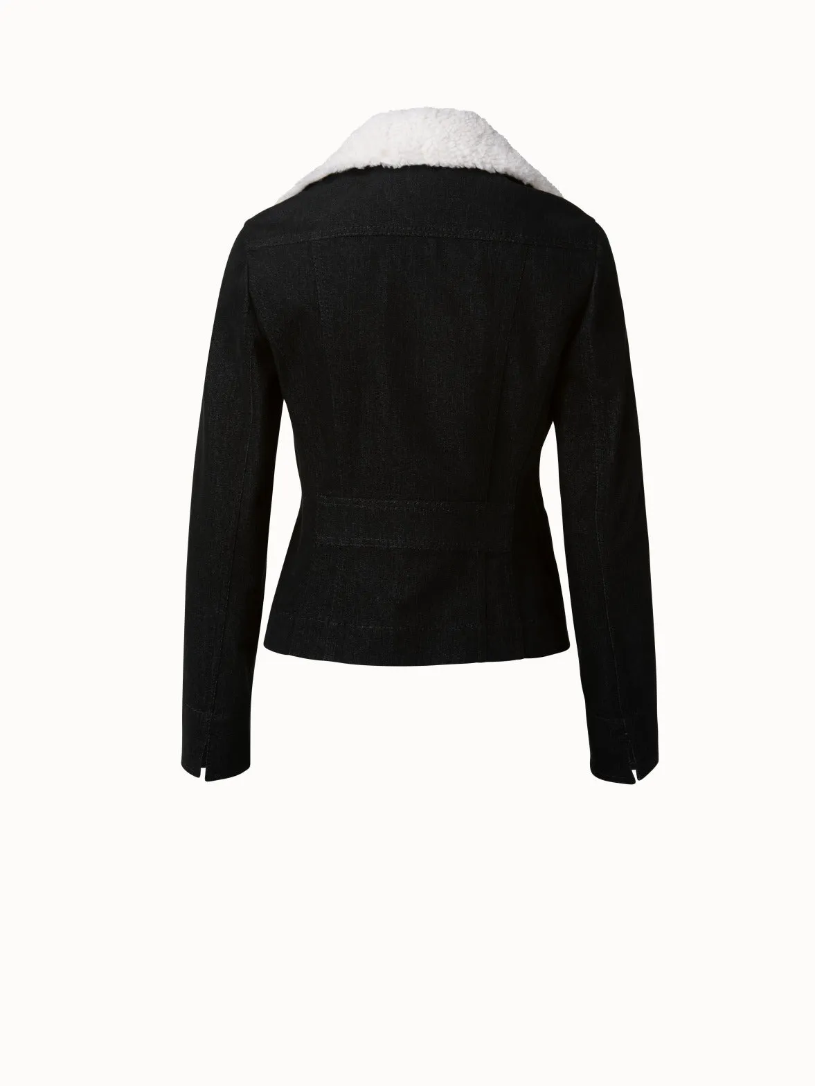 Washed Denim Biker Jacket with Faux Fur Collar