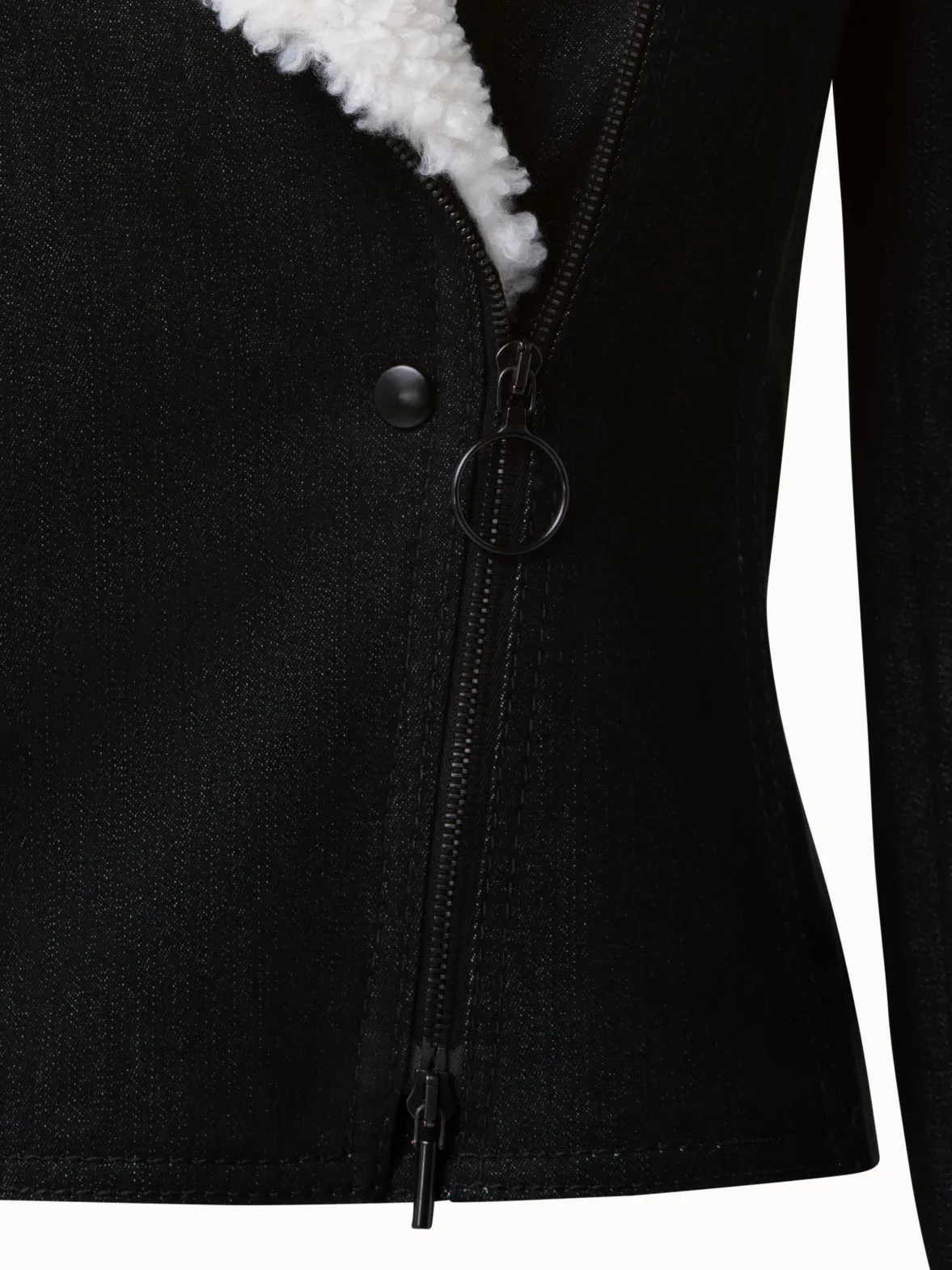 Washed Denim Biker Jacket with Faux Fur Collar
