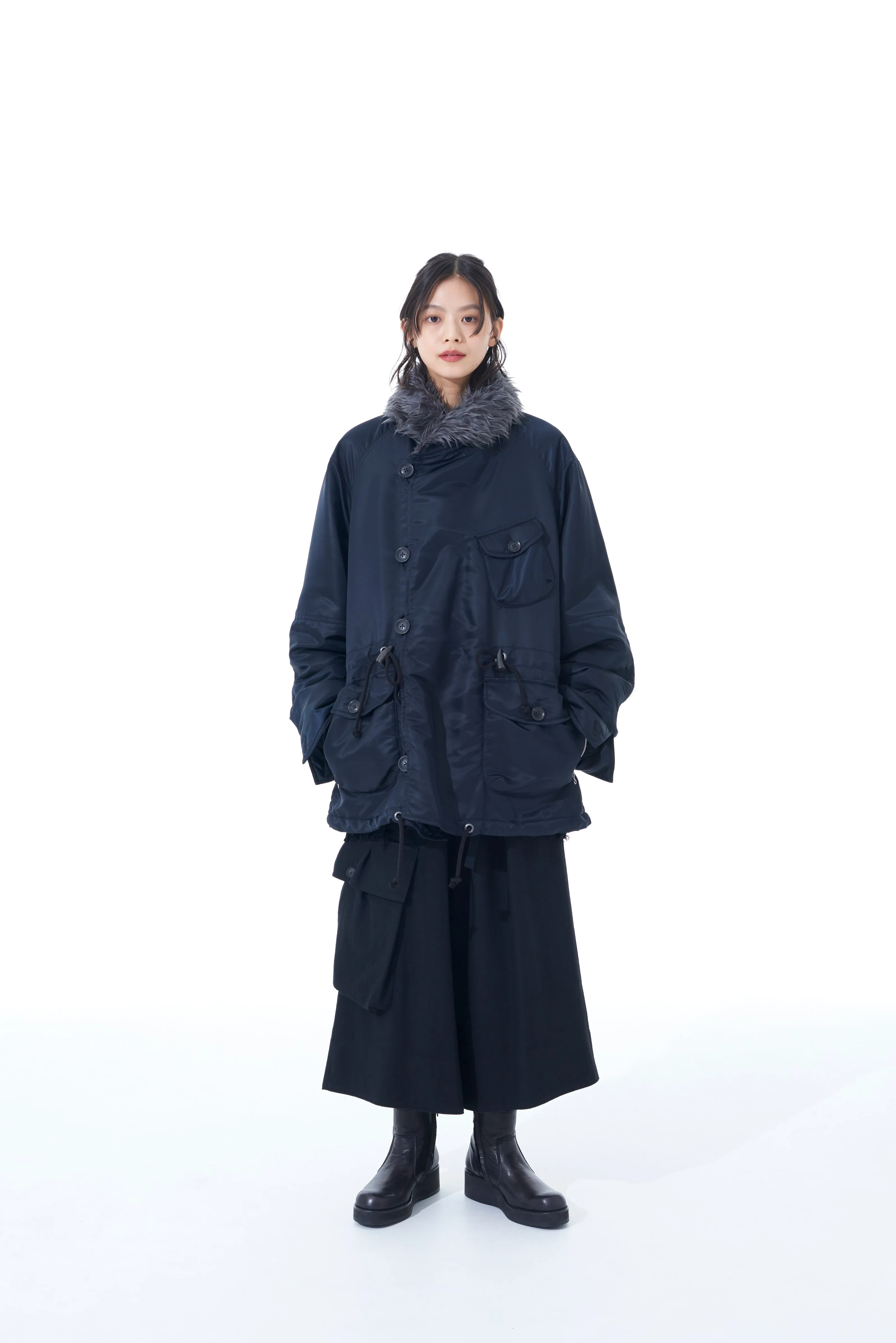 WATER-REPELLENT NYLON TWILL SHAWL COLLAR BLOUSON WITH FUR COLLAR