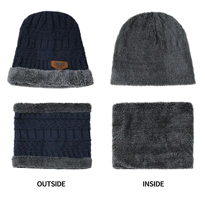 Winter Men Women Thick Beanie Hat Knitted Hat Winter Cap Beanie Female Wool Neck Scarf Cap Balaclava Mask Bonnet Hats Set