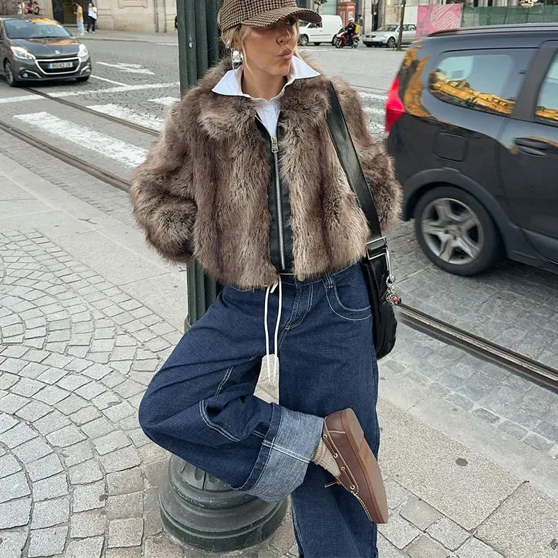 Winter's Elegant Brown Faux Fur Jacket for Women