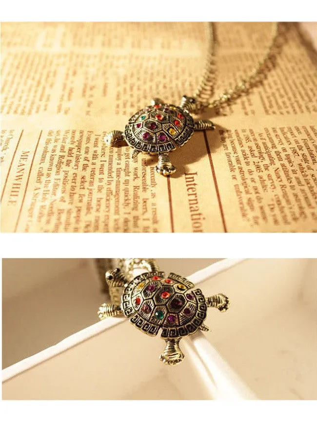 Women's vintage diamond inlaid cute little turtle sweater chain necklace