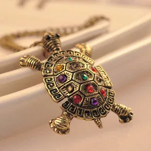 Women's vintage diamond inlaid cute little turtle sweater chain necklace